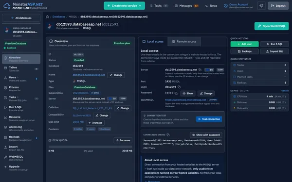 MonsterASP.NET Control Panel - MSSQL database detail with connection string, users and backups