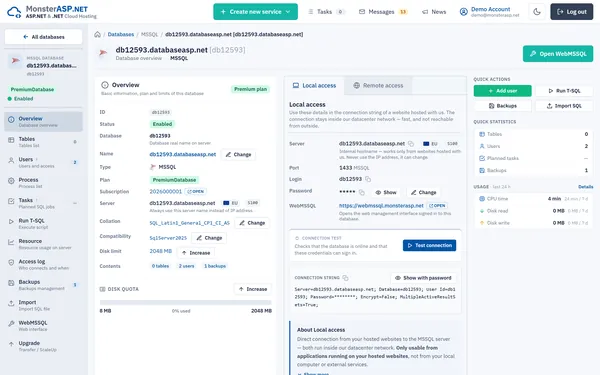 MonsterASP.NET Control Panel - MSSQL database detail with connection string, users and backups