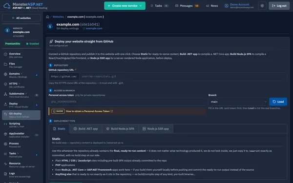 MonsterASP.NET Control Panel - deploy a website straight from a GitHub repository