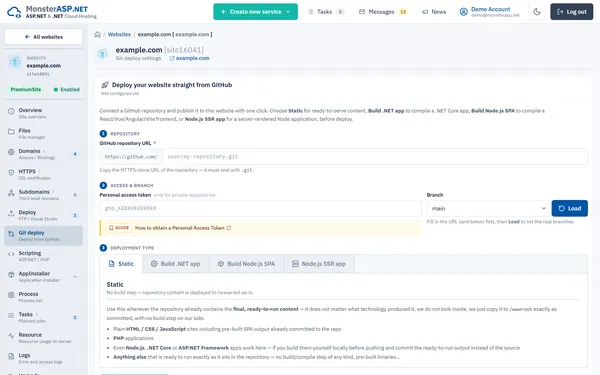 MonsterASP.NET Control Panel - deploy a website straight from a GitHub repository