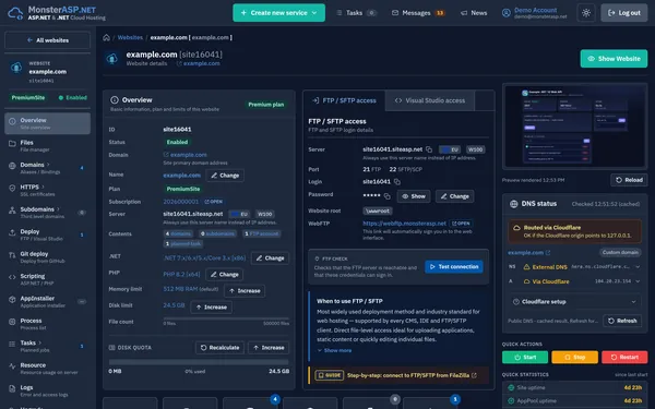MonsterASP.NET Control Panel - website detail with FTP, Visual Studio access, DNS status and quick actions