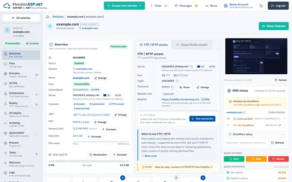 MonsterASP.NET Control Panel - website detail with FTP, Visual Studio access, DNS status and quick actions